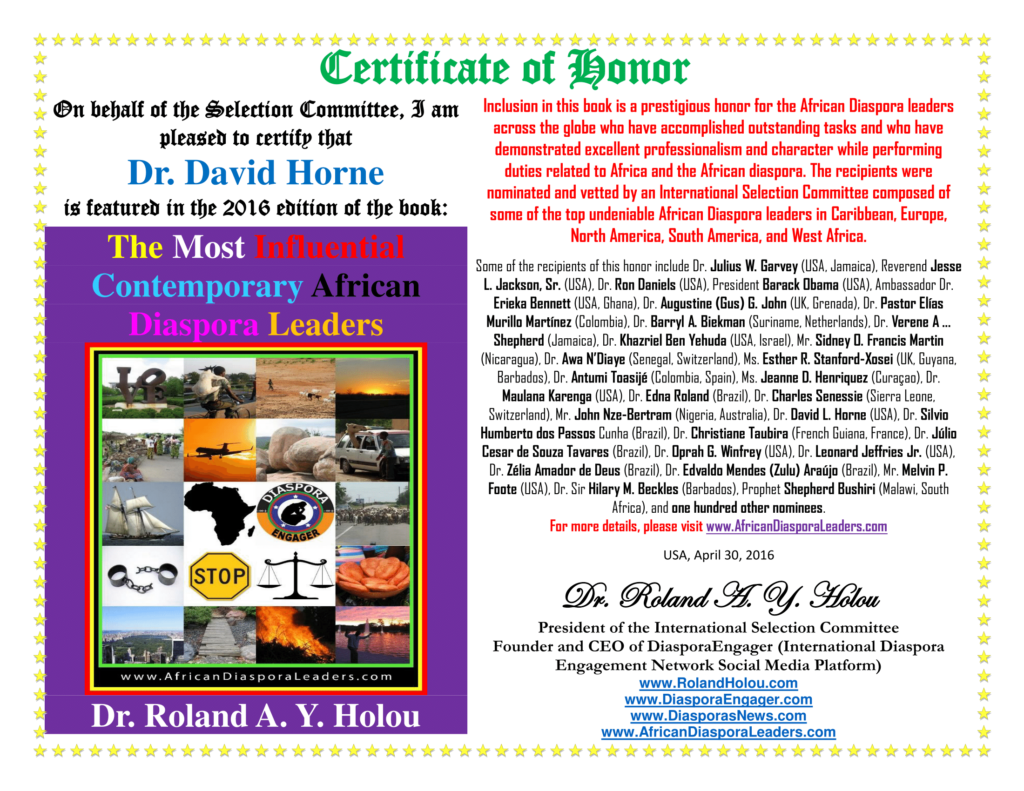 Certificate of Honor - Dr David Horne-The Most Influential Contemporary African Diaspora Leaders