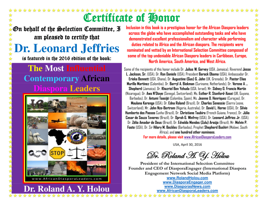 Certificate of Honor - Dr Leonard Jeffries-The Most Influential Contemporary African Diaspora Leaders