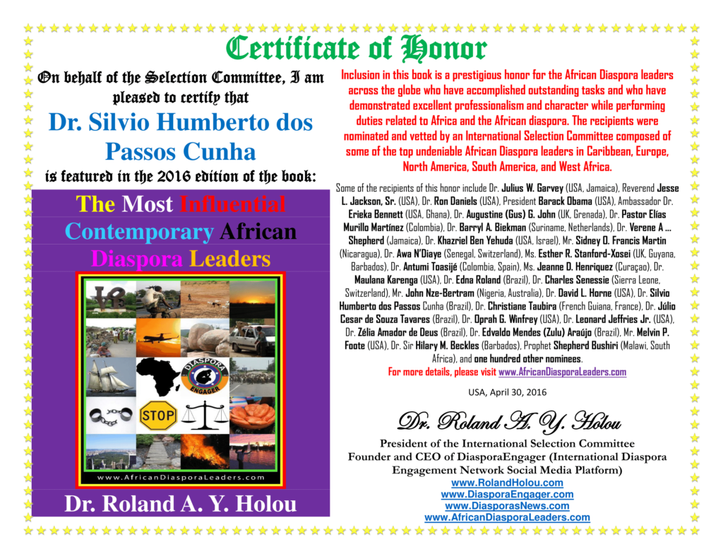 Certificate of Honor - Dr Silvio Humberto dos Passos Cunha-The Most Influential Contemporary African Diaspora Leaders