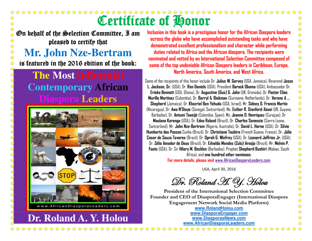 Certificate of Honor - Mr John Nze-Bertram-The Most Influential Contemporary African Diaspora Leaders