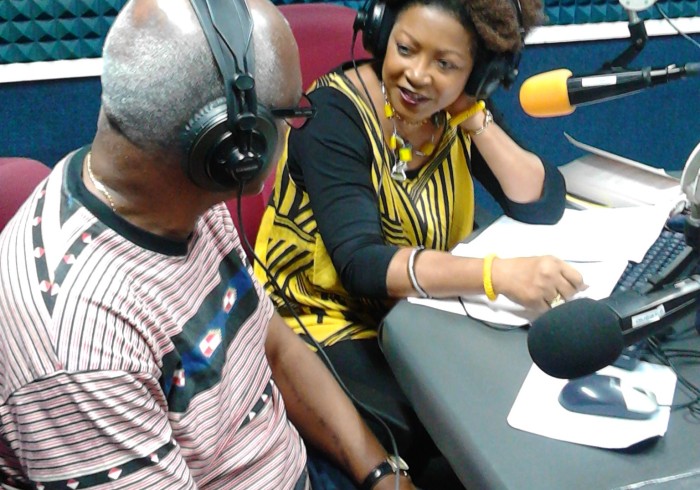 Prof Verene Shepherd In studio at Nationwide 90 FM Jamaica with International Court of Justice Patrick Robinson, a guest on her radio programme,Talking History