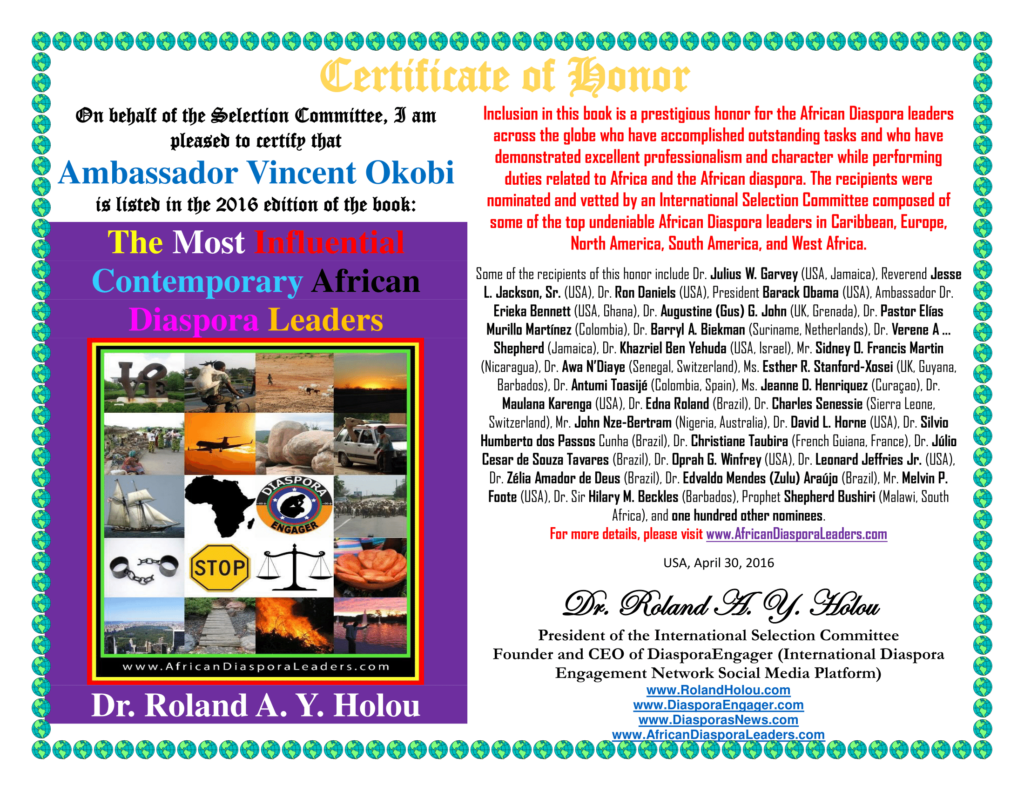 Ambassador Vincent Okobi - Certificate of Honor - The Most Influential Contemporary African Diaspora Leaders