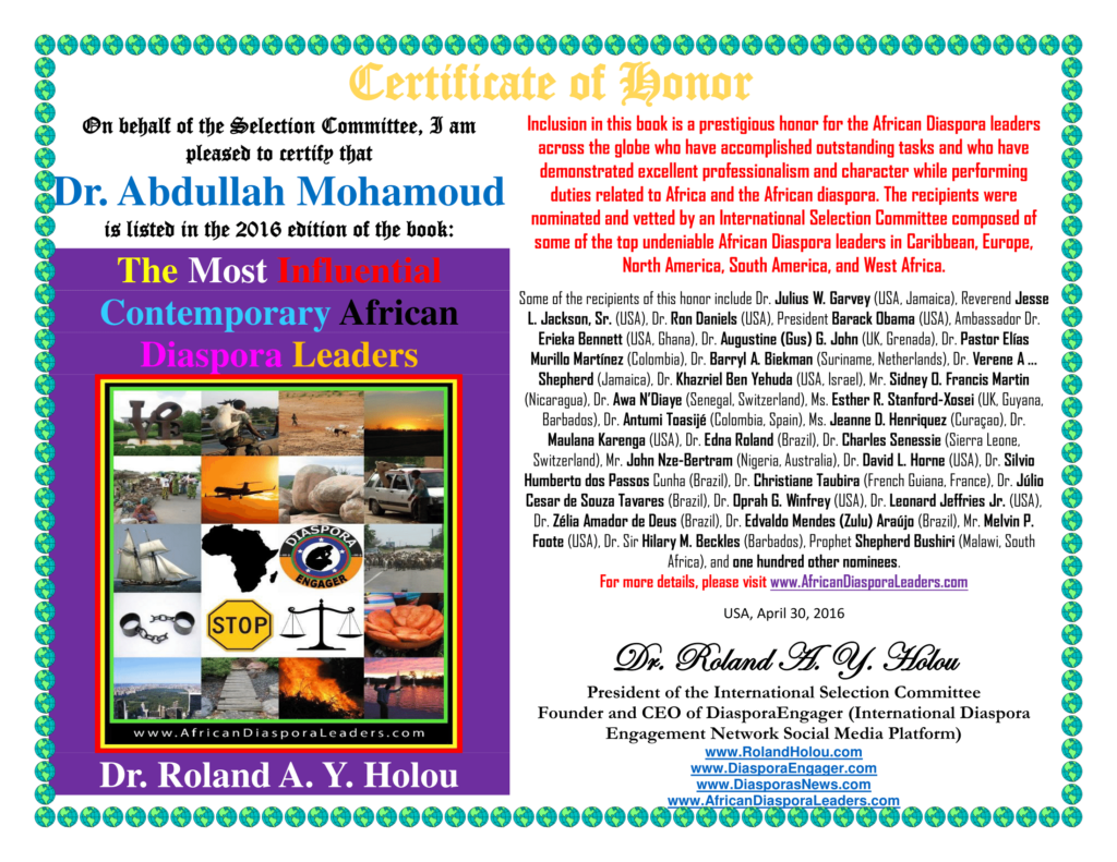 Dr. Abdullah Mohamoud - Certificate of Honor - The Most Influential Contemporary African Diaspora Leaders