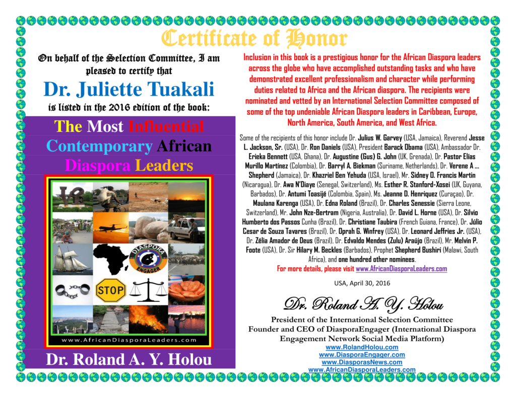 Dr. Juliette Tuakali - Certificate of Honor - The Most Influential Contemporary African Diaspora Leaders
