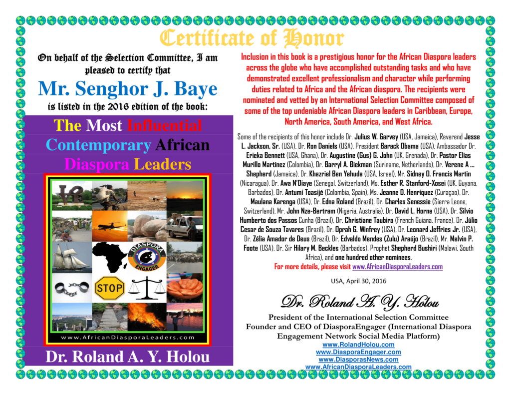 Mr. Senghor J. Baye - Certificate of Honor - The Most Influential Contemporary African Diaspora Leaders
