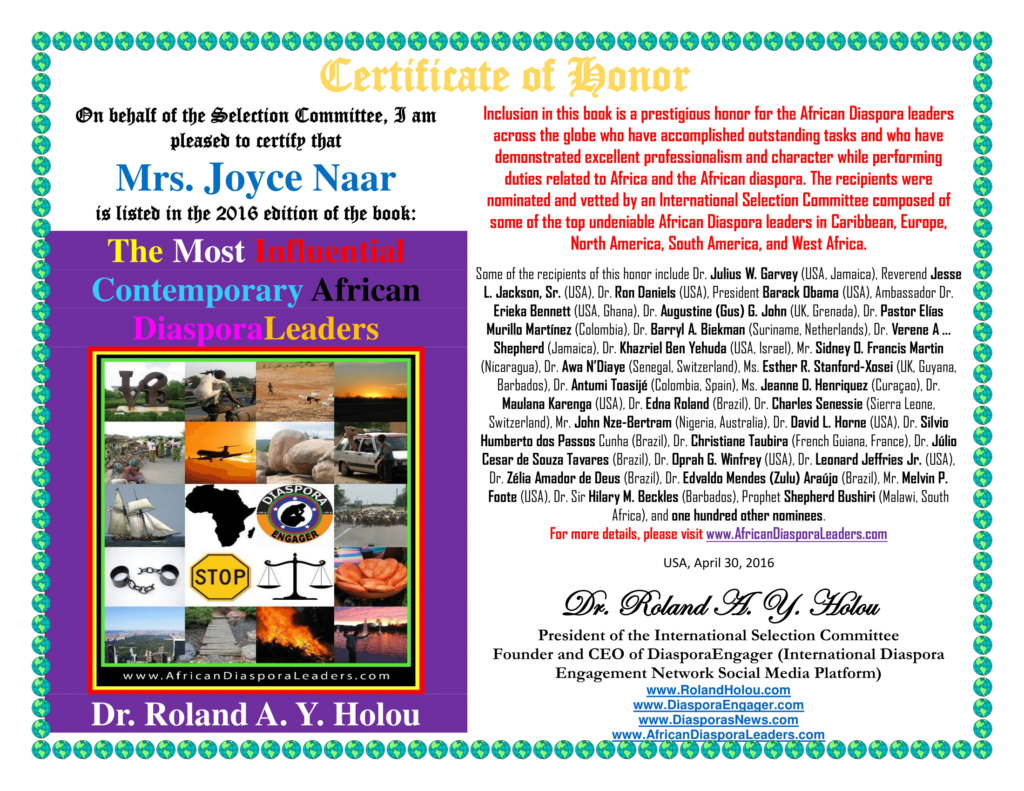 Mrs. Joyce Naar  - Certificate of Honor - The Most Influential Contemporary African Diaspora Leaders